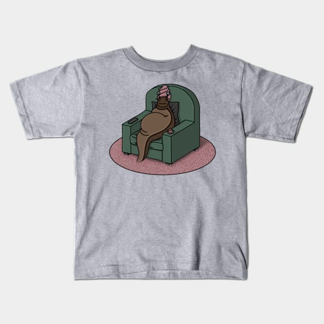 Cute slug in an armchair, relaxing with a cup of tea. Lazy, animal, tv Kids T-Shirt by AlmightyClaire